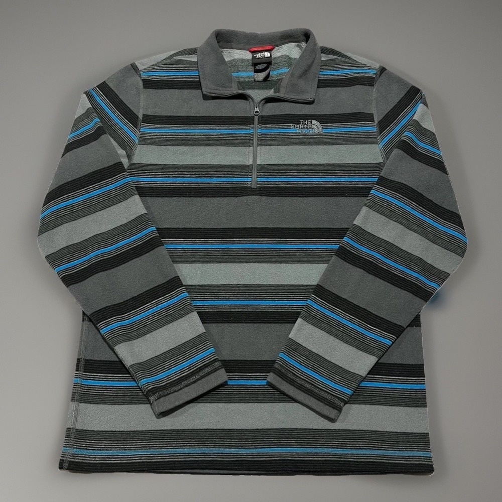 The North Face Mens Grey Blue Striped Polar Fleece 1/4 Zip Base Sweatshirt M